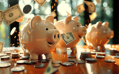Ceramic pink piggy bank surrounded by swirling us dollar bills and coins on a warm, wooden desk surface
