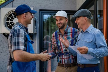 The repairman gives repair estimates to a senior couple and handshaking. Service Industry: Repairman works at customer's home
