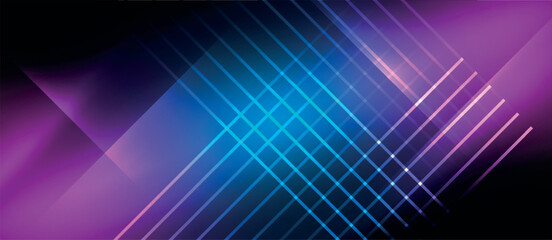 The background is a mix of blue and purple hues with luminous lines, evoking colorfulness, technology, and a spacelike theme, including magenta, electric blue, and tints of violet