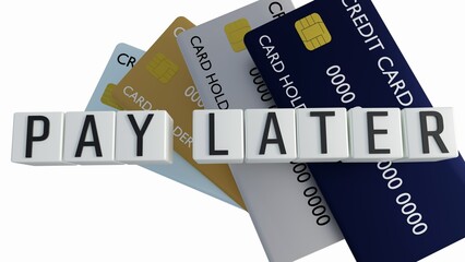 A 3D rendering of the phrase "Pay Later" written on cube shapes, and credit cards