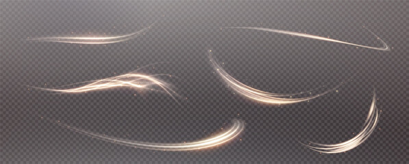 Fototapeta premium Vector png background with gold glowing lines. Gold glowing lines of speed. Light glow effect. Light trail wave, fire trail line and glow curve swirl.