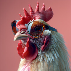 Surreal Chicken in Sunglasses on Pastel Background