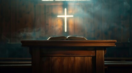 Open Bible resting on a simple wooden podium, backlit cross, serene and contemplative lighting