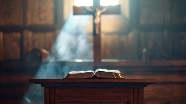 Open Bible resting on a simple wooden podium, backlit cross, serene and contemplative lighting