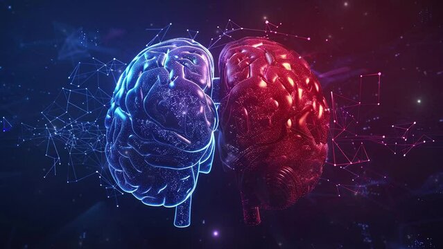 Brain anatomy. Human brain animation. Neuronal activity in the human brain. Science showing the human brain against a background of burning lights. Brain futuristic. Human right brain and left brain.