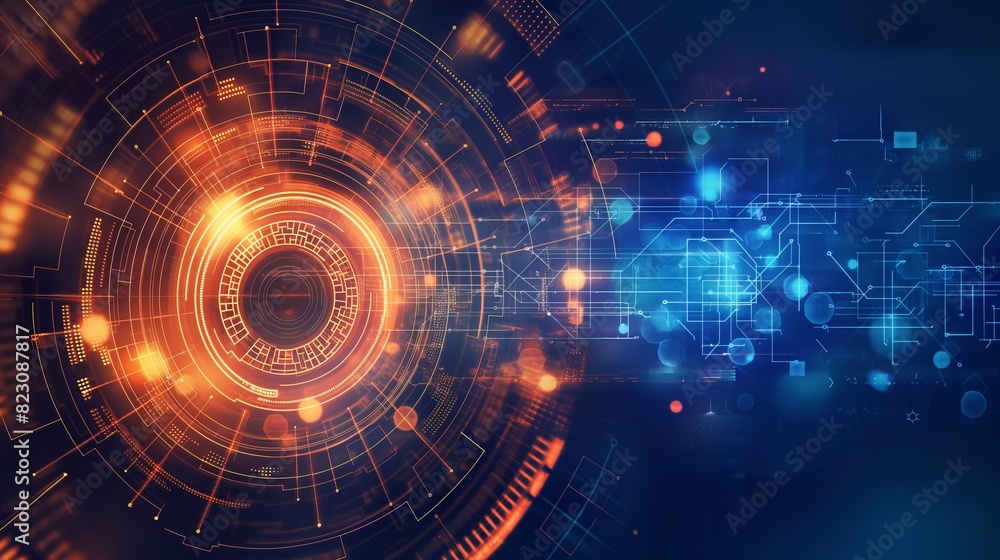 Poster digital technology background featuring glowing circuits and abstract elements in blue and orange hu