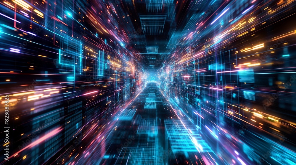 Poster digital technology background with dynamic light trails and abstract elements in blue and orange hue