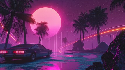 Retro-futuristic scene with a neon-lit car, palm trees, a large moon, and a starry sky