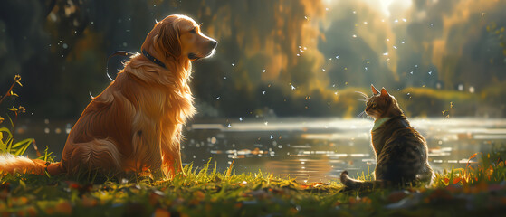 golden retriever dog and cat sitting in the park, sun shines beside them