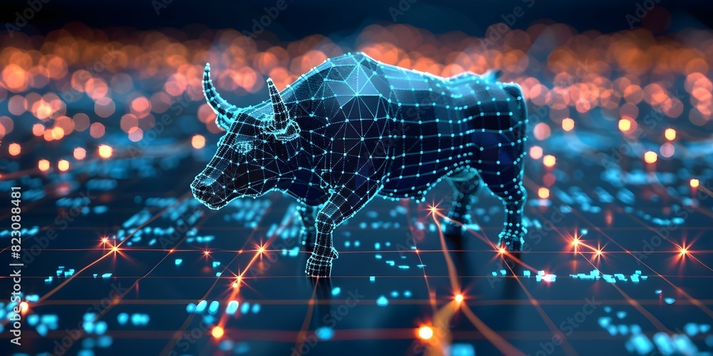 Aufkleber digital bull stock market graph on futuristic grid background artistic rendering. concept abstract f
