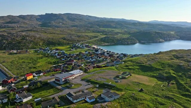 Aerial view toward the town center of Bygones, summer evening in Pykeija, Norway