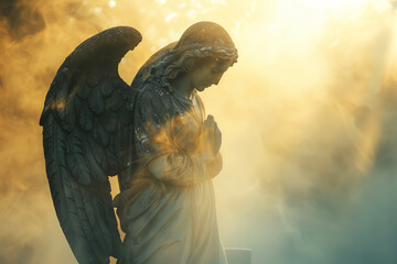 A serene angel statue in prayer, enveloped by a golden mist, creating a mystical and tranquil scene...