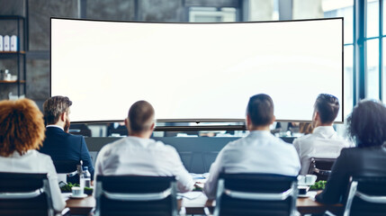 In a boardroom, a wide oblong TV screen enhances a business meeting with its blank canvas.