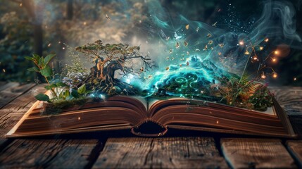 Fairy tale book with magical landscapes and mythical characters bursting forth, on a classic wooden table © Paul