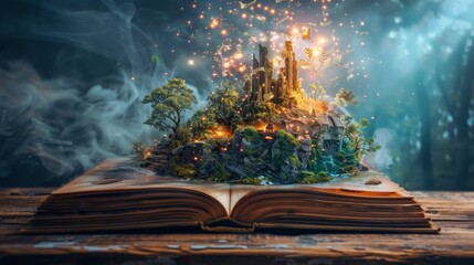 Fairy tale book with magical landscapes and mythical characters bursting forth, on a classic wooden table © Paul