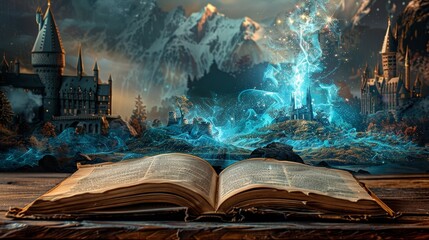 Fairy tale book with magical landscapes and mythical characters bursting forth, on a classic wooden table © Paul