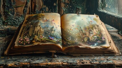 Enchanted open book with fairies, castles, and mythical beings leaping out, on a weathered wooden table © Paul