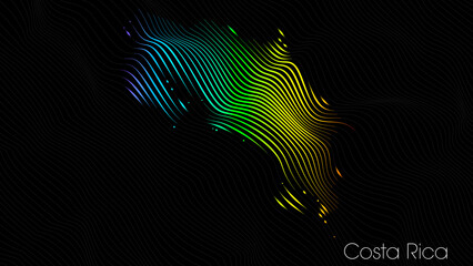 A map of Costa Rica is presented in the form of colorful vertical lines against a dark background. The country's borders are depicted in the shape of a rainbow-colored diagram.