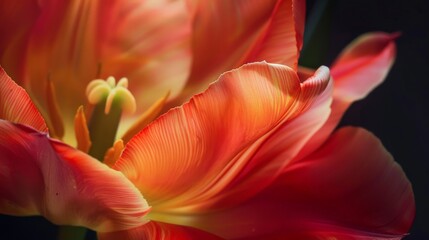 A close-up of a blooming tulip showcases its vibrant red and yellow petals.