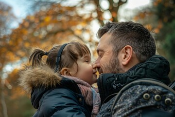Fototapeta premium A close up side view of a father and his young daughter who is a wheelchair user having a cute affectionate moment with each other whilst on a family day out in a beautiful public park
