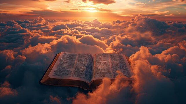 Christian book open to Psalms, surrounded by fluffy clouds and golden light, heavenly peace, ultimate relaxation