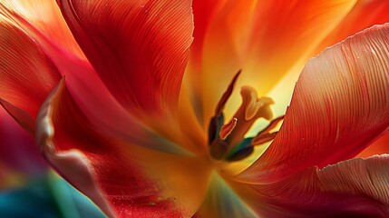 A close-up of a blooming tulip showcases its vibrant red and yellow petals.