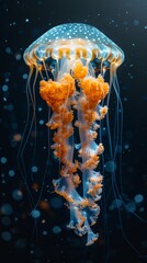 Solitary Orange Jellyfish Swimming in the Ocean - Vibrant 4K Wallpaper
