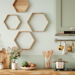Mint cream kitchen wall displays oversized hexagonal wooden blank frame mockups, showcasing traditional craftsmanship.