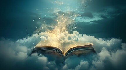 An open book with mystical fairy tales jumping out, surrounded by fluffy clouds, ethereal glow, enchanting scene © Paul