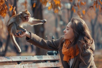 A young woman is sitting on a wooden bench as a female macaque balances on her outstretched arm. The macaque is eating corn from her hand