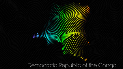 A map of Democratic Republic of the Congo is presented in the form of colorful vertical lines against a dark background. The country's borders are depicted in the shape of a rainbow-colored diagram.