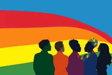 Naklejka premium Silhouettes of diverse individuals standing in front of a large rainbow flag. Represents unity, inclusion, and celebration within LGBTQ+ community. Emphasizes pride, diversity, and support.