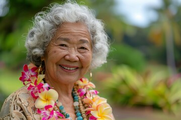 Portrait of an active and healthy senior woman of Hawaiian and Chinese descent wearing a plumeria lei smiling with confidence and gratitude while spending time outdoors 
