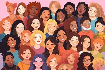 Illustration of diverse women smiling, representing unity, inclusivity, and celebration within LGBTQ+ community. Emphasizes diversity, support, and togetherness in a vibrant, welcoming scene.