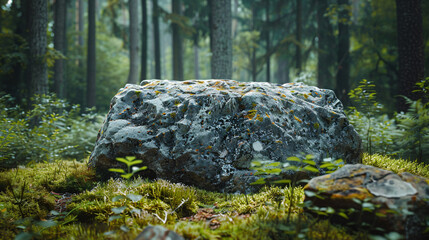 Fototapeta premium Minimalist mockup with a stone platform and lush greenery, ideal for cosmetic advertising