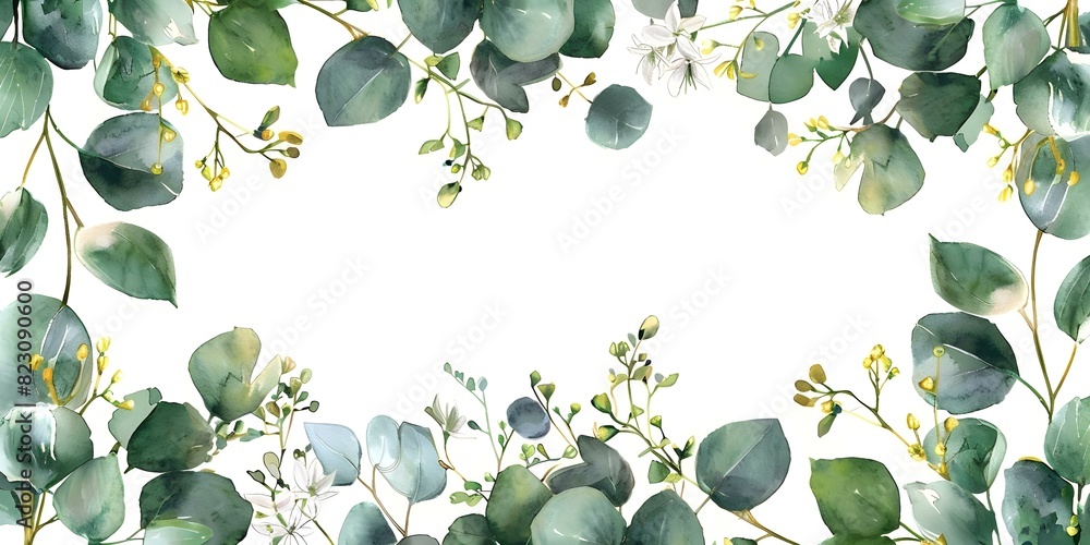 Wall mural Watercolor wedding invitation design with eucalyptus leaves and jasmine flowers. Concept Wedding Invitations, Watercolor Design, Eucalyptus Leaves, Jasmine Flowers, Floral Theme - Wall murals