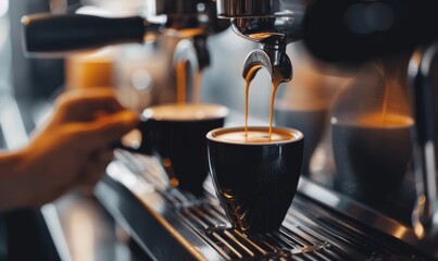 A barista's hands skillfully handle an espresso machine, creating perfect coffee cups with rich crema on top