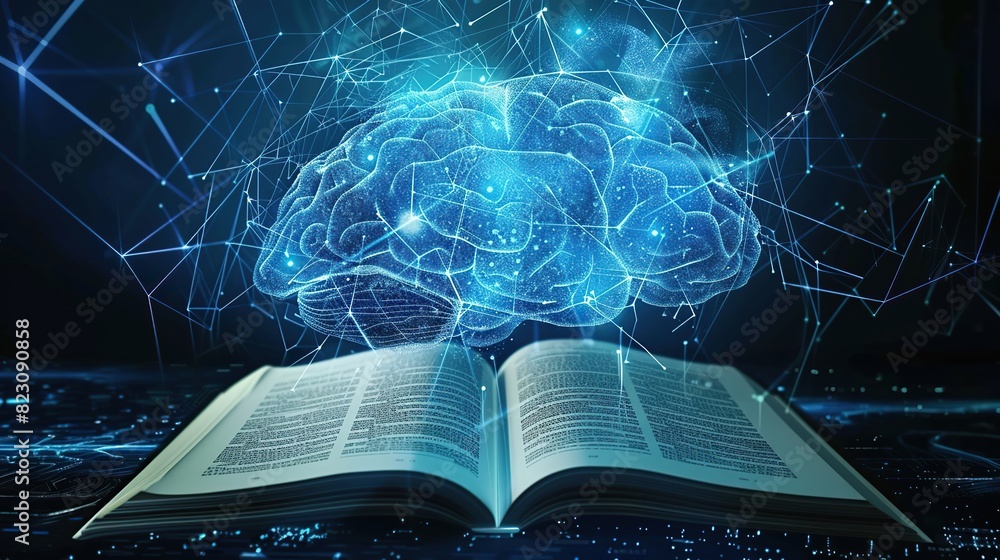 Poster open book with virtual brain and neuroscience. the brain is surrounded by blue light, giving it a fu