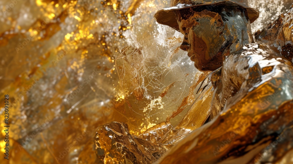 Poster a figure in golden abstract form appears to be exploring or journeying through a sparkling, textured