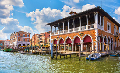 Venice, Italy. Fish market on Grand Canal in Venezia vintage building famous landmark picturesque...