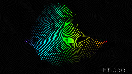 A map of Ethiopia is presented in the form of colorful vertical lines against a dark background. The country's borders are depicted in the shape of a rainbow-colored diagram.