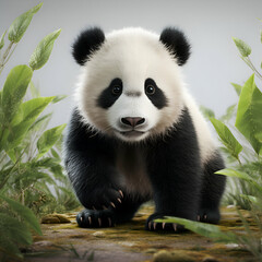 Panda bear sitting on a rock in the forest. 3d illustration