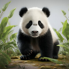 Fototapeta premium Panda bear sitting on a rock in the forest. 3d illustration