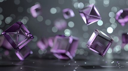 Metallic 3D image of smooth geometric abstract shapes of different sizes, free floating, made of purple glass on a dark gray background with bokeh,