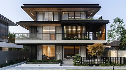 Fototapeta premium Modern two-story villa minimalist style villa exterior, double story, glass curtain wall, black metal fence and wooden gate, front view. Generative AI.