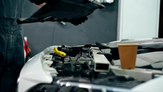 At a service station master auto mechanic removes a protective panel from a white car