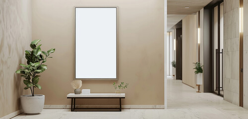 Central placement of a tall portrait frame mockup in a beige-walled contemporary corridor.