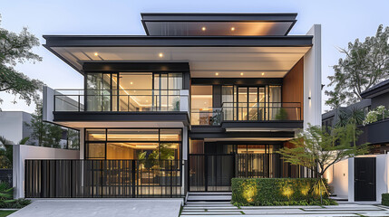 Fototapeta premium Modern two-story villa minimalist style villa exterior, double story, glass curtain wall, black metal fence and wooden gate, front view. Generative AI.