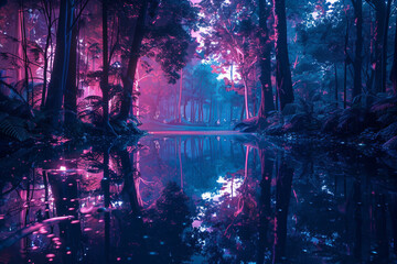 Within the Neon-Lit Night, a Surreal Forest Reveals Itself, Where Moonlight Caresses Mirrored Waters, Illuminating an Ethereal Realm Guarded by Silent Sentinels