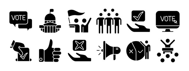Election set icon. Vote, government building, demonstration, voters, electronic voting, manual voting, approval, disapproval, megaphone, voting results, public speech. Elections, democracy.